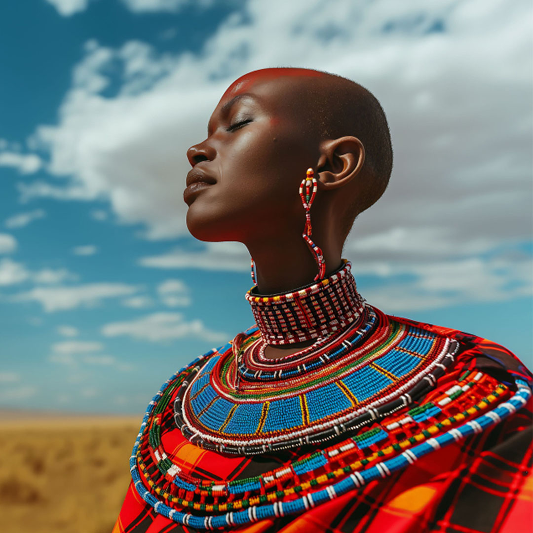 Maasai Ebony Carved Moran Head, handcarved wood sculpture with traditional beadwork
