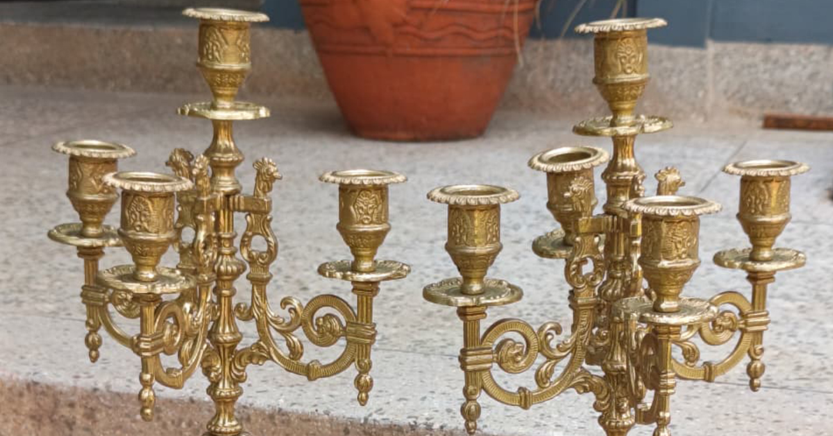 Pair of vintage Italian marble and gilt brass candelabra